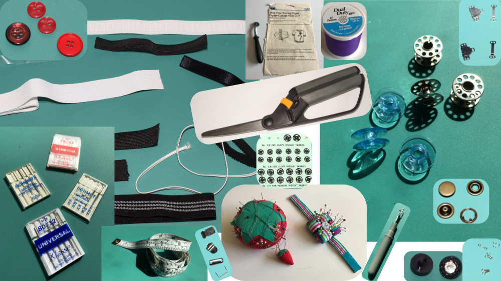 A table full of essential tools and notions for sewing clothes