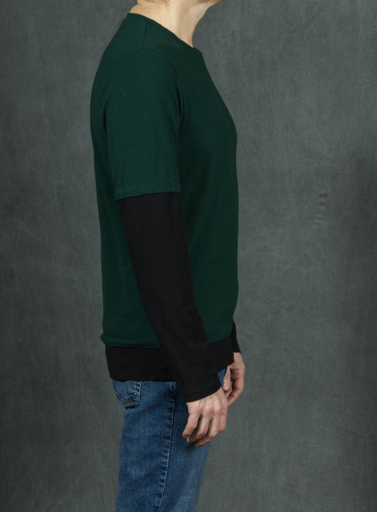 Green Shirt Side 1 green and black t-shirt drafted and sewn from scratch with fitted sides